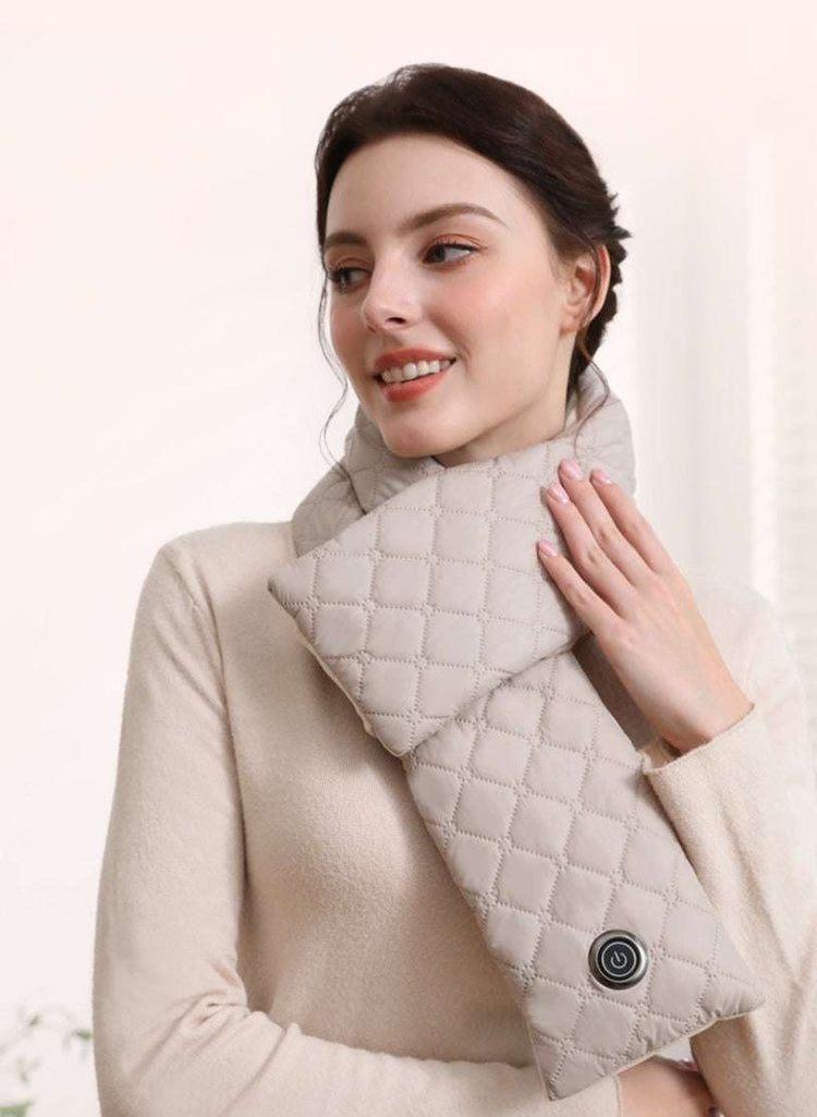 Soft beige heated neck scarf made of carved rabbit velvet for outdoor warmth and style.