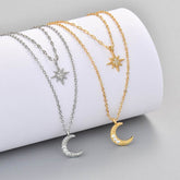 Moon double-layer clavicle chain necklace in yellow and white gold with rhinestone asterism moon and star pendants.