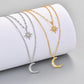 Moon double-layer clavicle chain necklace in yellow and white gold with rhinestone asterism moon and star pendants.