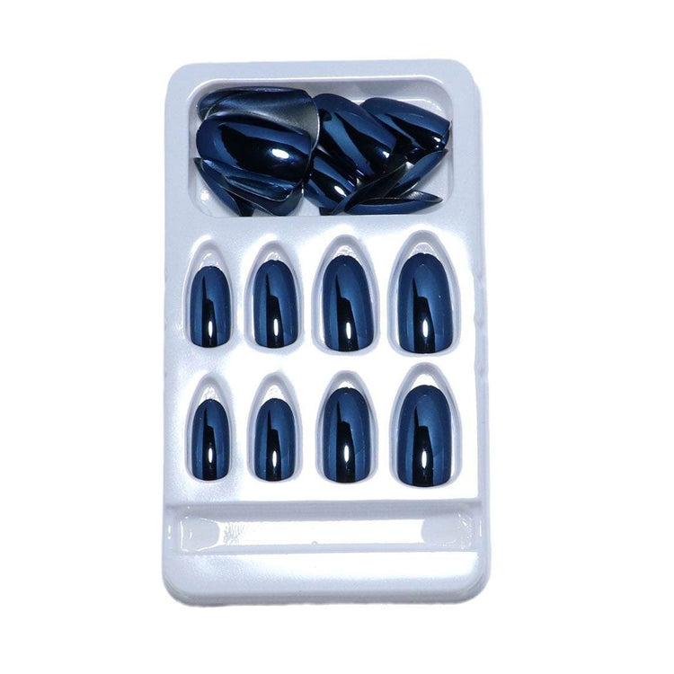 Dark blue electroplating fake nails set in tray with starry sky pattern and large tips.