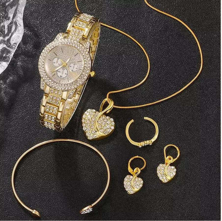 Women's full diamond bracelet watch suit with quartz watch, gold alloy strap, matching necklace, bracelet, ring, and earrings set.