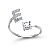 Adjustable letter E ring with zircon stone, fashionable jewelry design for women.