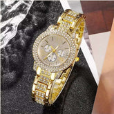 Gold full diamond bracelet watch suit for women with quartz movement and alloy strap.