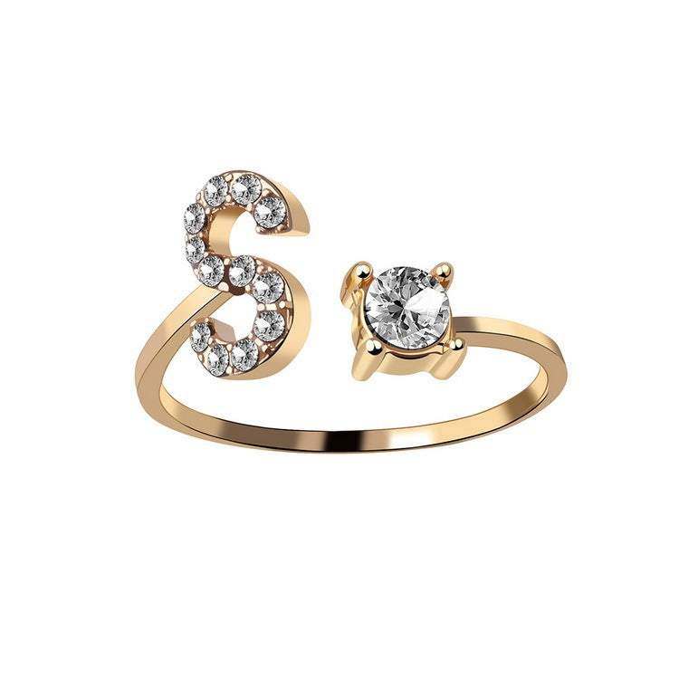 Elegant adjustable letter S ring with zircon stones for women, vintage style fashion jewelry.