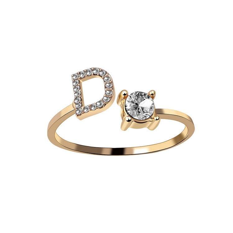 Adjustable 26 initial letter ring with zircon and copper alloy, elegant fashion jewelry for women.