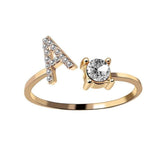 Elegant adjustable initial letter ring with zircon stone, fashion jewelry for women.