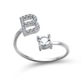 Adjustable letter B initial ring with zircon stone, elegant design for women.