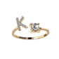 Elegant adjustable initial letter ring with zircon stone, stylish fashion jewelry design for women.