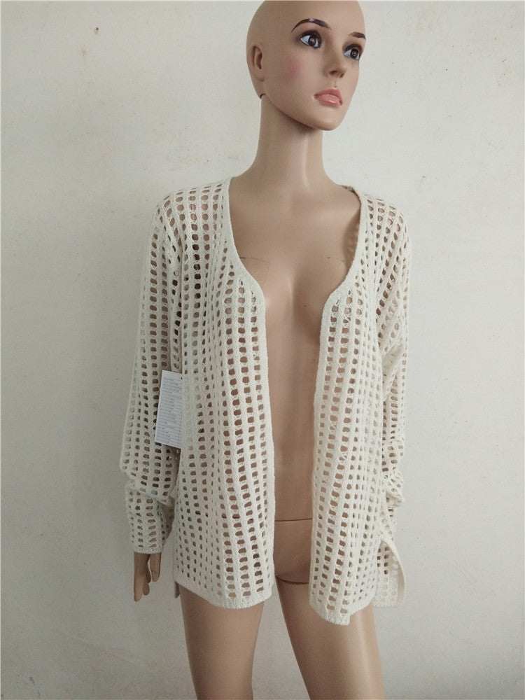 White street style cardigan sweater with plain pattern.