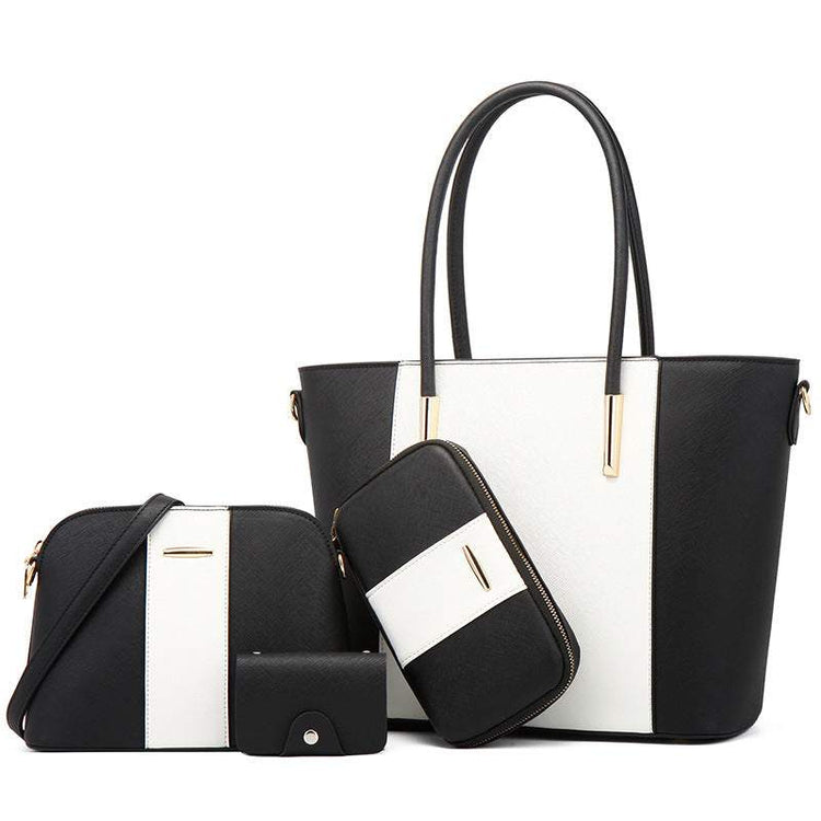 Fashion women's bag set in black and white PU leather, includes a shoulder bag and handbag.