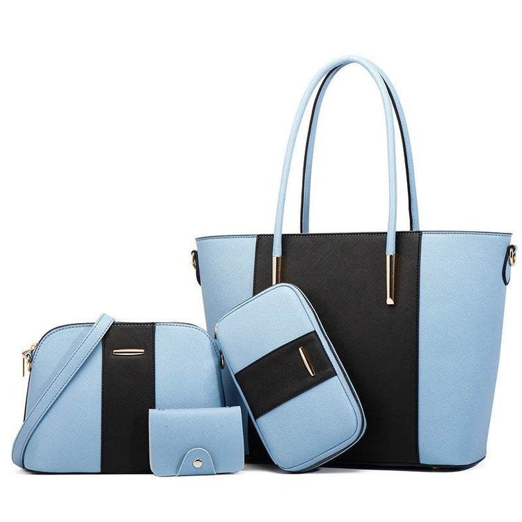 Fashion women's PU bags set in blue and black with medium hardness and zipper closure.