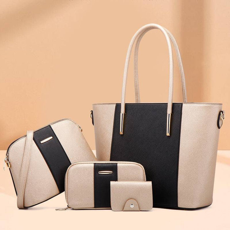 Fashion women's bag set in beige and black, featuring a stylish design with medium hardness, PU material, and zipper closure.