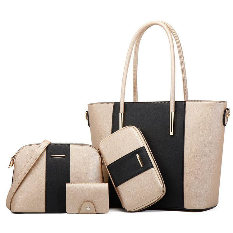 Fashion women's bag set with matching accessories in elegant beige and black PU leather.