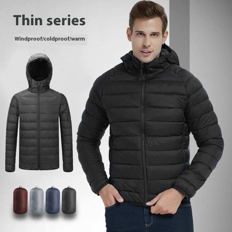 Men's lightweight hooded coat, warm winter zipper jacket, black, nylon material, long sleeves, available in multiple sizes.