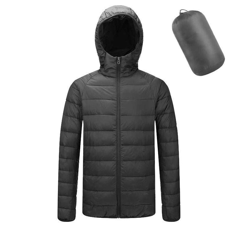 Men's lightweight hooded winter coat with zipper, warm fashion outerwear in black.