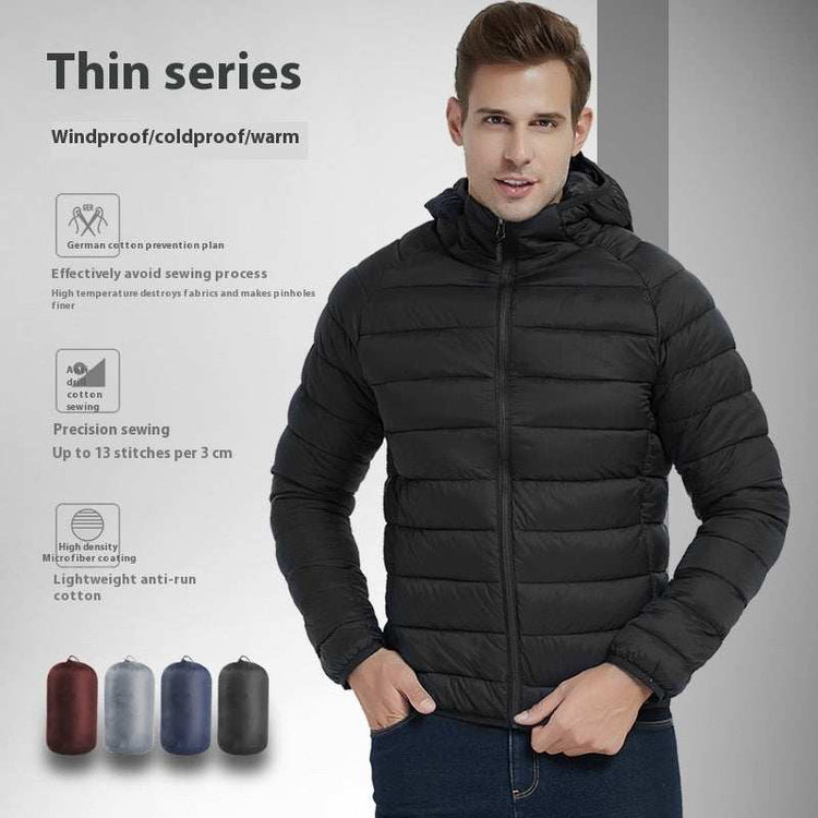 Men's lightweight hooded coat, warm winter zipper jacket, fashion outerwear in black.