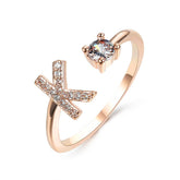 Adjustable 26 initial letter ring with zircon, elegant and fashionable design for women.