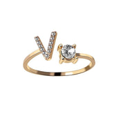 Adjustable 26 initial letter ring, gold with zircon detailing, fashionable women&