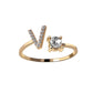 Adjustable 26 initial letter ring, gold with zircon detailing, fashionable women&