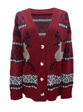 Red Christmas sweaters cardigan coat with button details and festive patterns, medium thickness, long sleeves, polyester knit fabric.