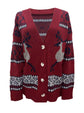 Red Christmas sweaters cardigan coat with button details and festive patterns, medium thickness, long sleeves, polyester knit fabric.