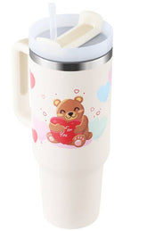 Thermos cup with handle and straw featuring a bear and hearts design.