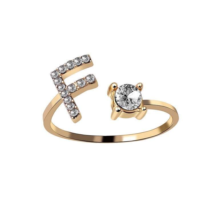 Fashionable adjustable initial letter ring with zircon stone for women