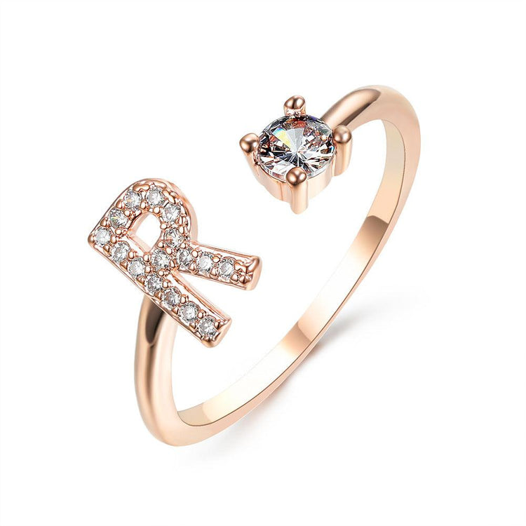 Adjustable 26 Initial Letter Ring with Zircon and Copper Alloy