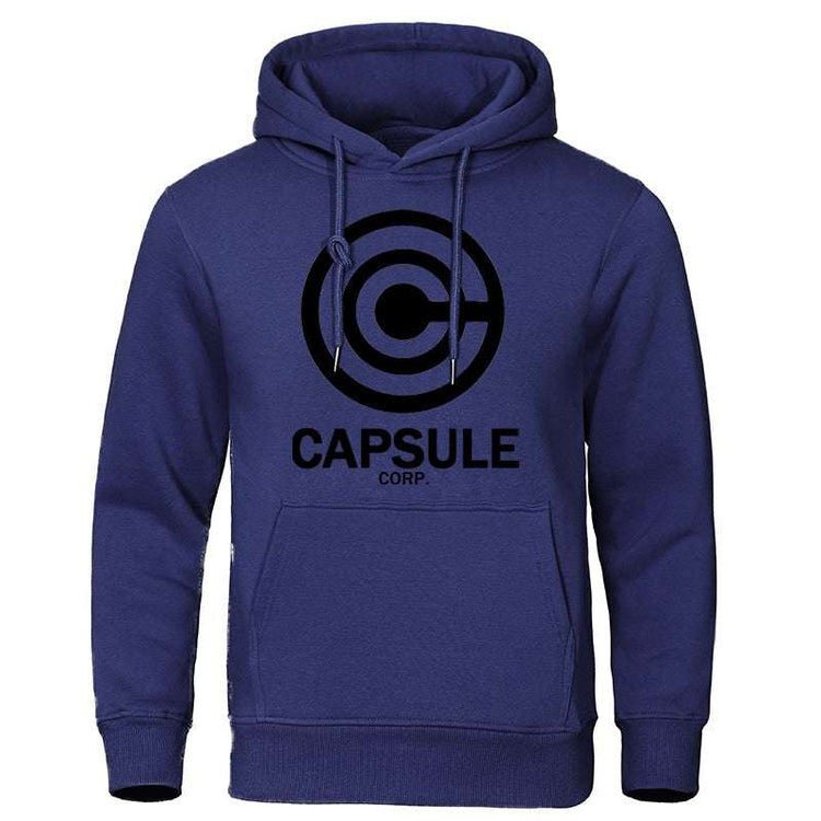 Men's and women's blue hoodie sweatshirt with Capsule Corp logo.