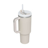 Thermos cup with handle and straw, insulated beverage tumbler in sleek design.