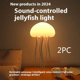 Jellyfish Mood Lamp LED with sound-controlled lighting and rotatable antennae placed on a table.