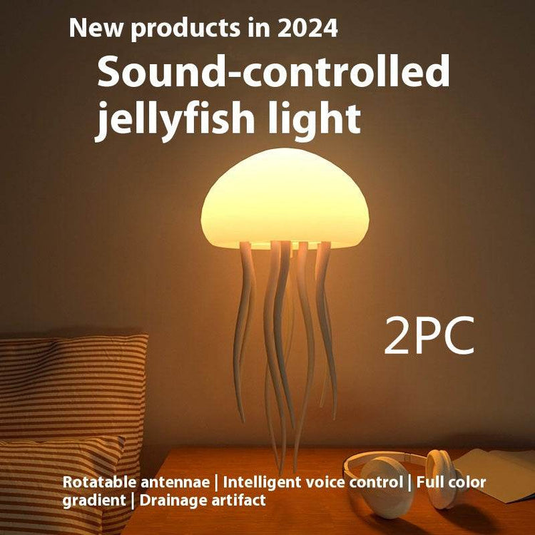 Jellyfish Mood Lamp LED with sound-controlled lighting and rotatable antennae placed on a table.