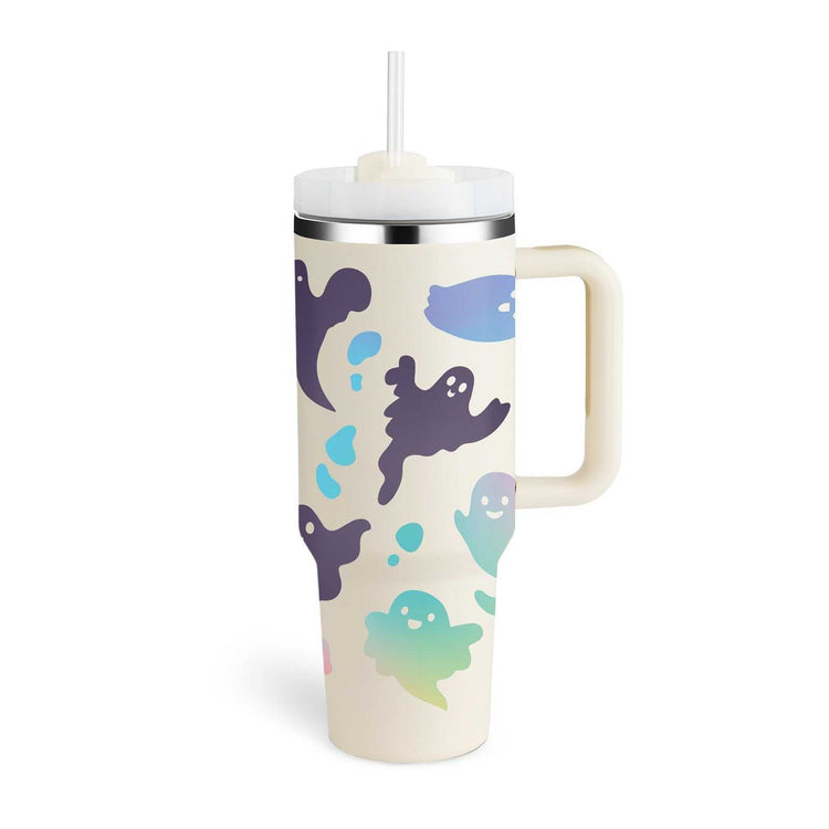 Thermos cup with handle and straw, ghost design, insulated for temperature retention.