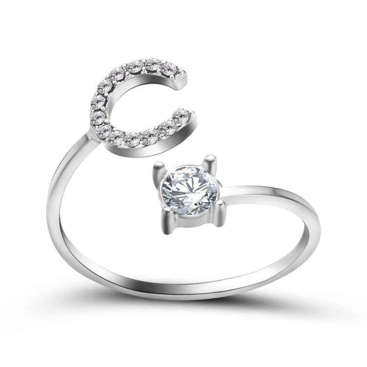 Elegant adjustable 26 initial letter fashion ring with zircon stone design.