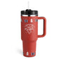 Red insulated thermos cup with handle and straw, Christmas design.