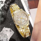 Gold full diamond bracelet watch with quartz movement and alloy strap.