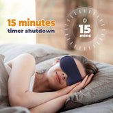 Massager heated eye mask with 15-minute timer shutdown, woman relaxing on bed.