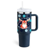 Insulated thermos cup with handle and straw, navy design with festive deer pattern, 40oz capacity.