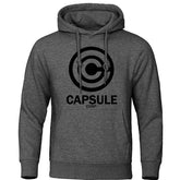 Gray leisure hoodie sweatshirt with "Capsule Corp" logo, made from polyester.