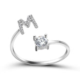 Adjustable 26 initial letter ring with zircon stone, elegant design for women, fashion jewelry.