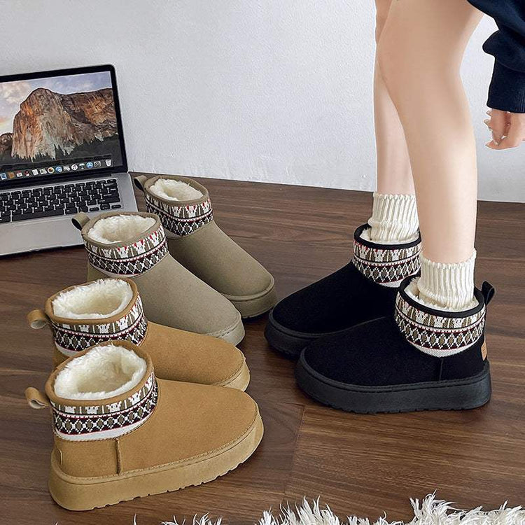 Fleece-lined ethnic style short women's cotton boots in black, brown, and antelope brown with platform heel, suitable for winter.