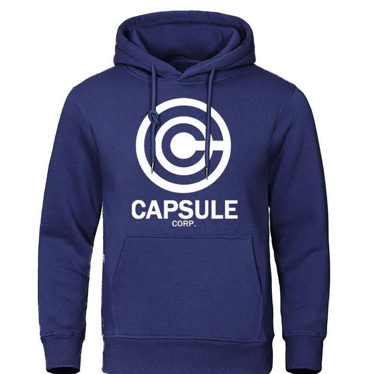 Men's and women's blue hoodie sweatshirt with Capsule Corp logo, polyester material, leisure style.