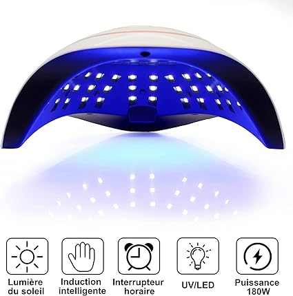 Professional nail dryer with LED technology, 180W power, smart induction, and timer settings for quick and even nail polish drying.