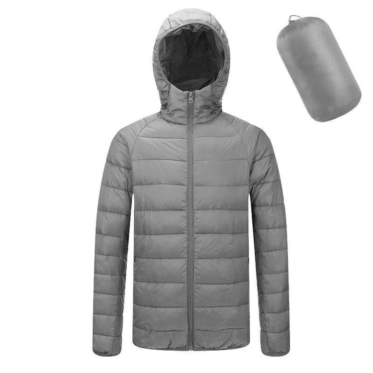 Men's lightweight hooded coat, warm winter zipper jacket, gray color, fashion outerwear.