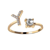 Adjustable 26 initial letter ring with zircon stone, elegant design for women.