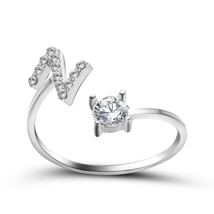 Adjustable initial letter ring with zircon, elegant fashion jewelry for women.