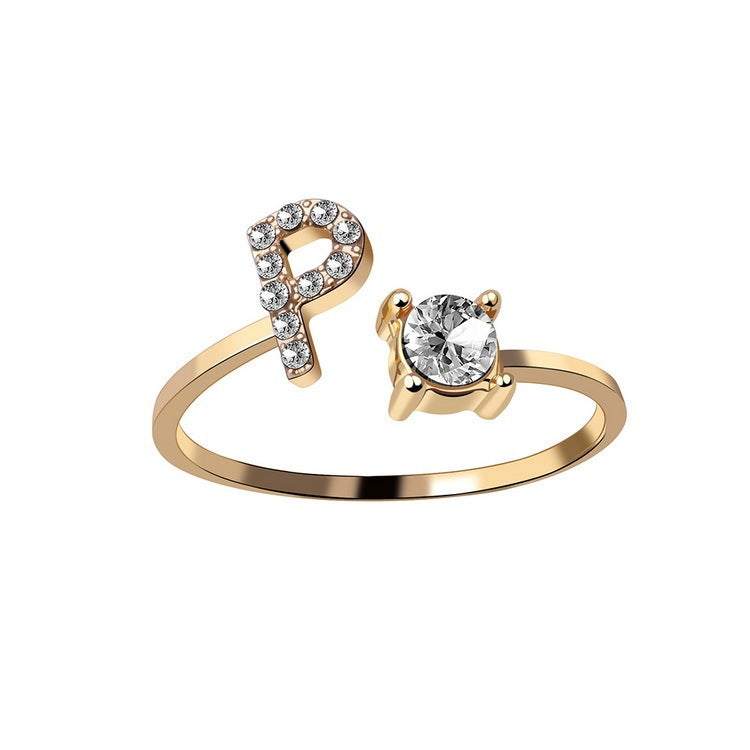 Elegant adjustable ring featuring the letter 'P' and a zircon stone, ideal for women in a vintage design.