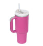 Thermos cup with handle and straw in pink, insulated for temperature retention.