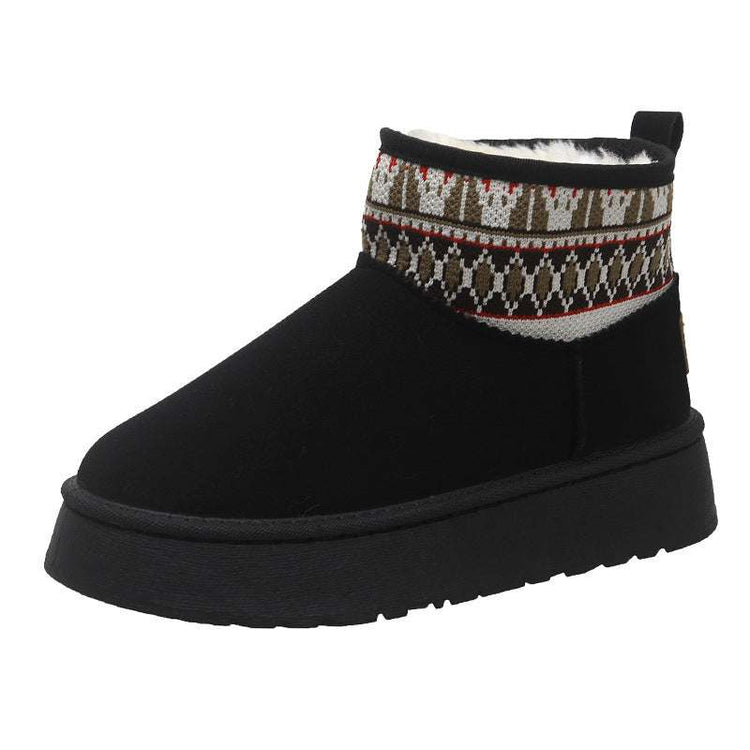 Fleece-lined ethnic style women's cotton boots in black with thick platform and velboa lining, suitable for winter casual wear.