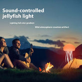 Jellyfish Mood Lamp LED glowing at night by campfire with people.